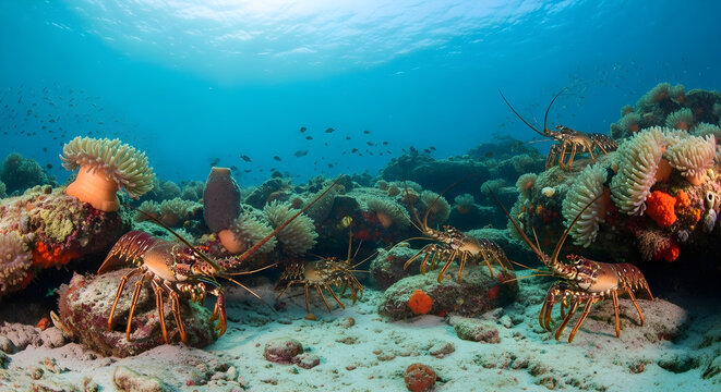 Two spiny lobsters on a colorful coral reef underwater