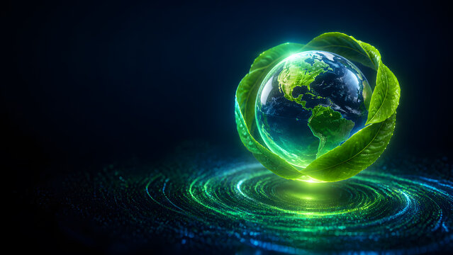 Glowing earth wrapped in leaf representing sustainability environment ecology green energy planet conservation digital technology background design