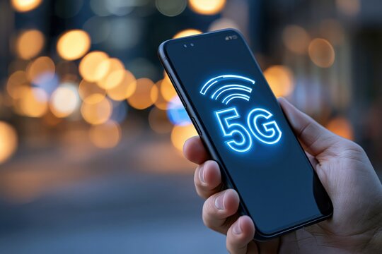 5G network smartphone holding hand modern city communication technology