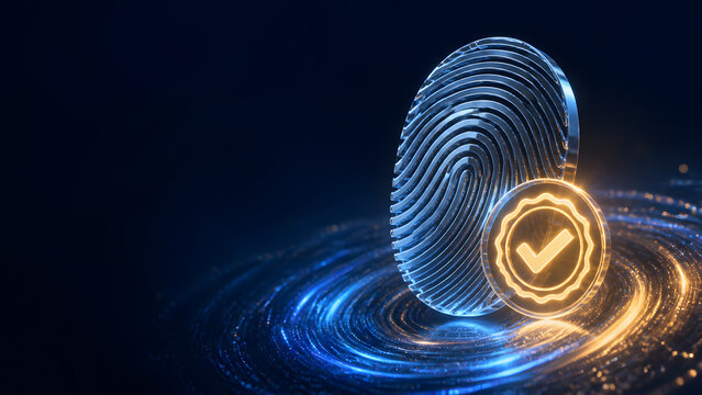 Glowing fingerprint with checkmark representing biometric security identity verification authentication privacy digital technology background design template