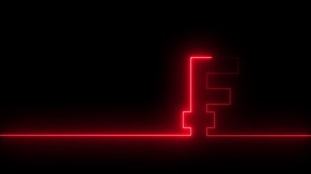 Neon glowing single line in shape of symbol of Swiss currency Franc on a black background. Bright red and green laser oneline illustration for financial or economic background