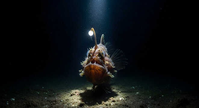 Deep sea anglerfish glowing in the dark ocean