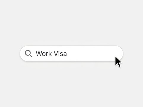 A digital search bar with the term Work Visa and mouse cursor
