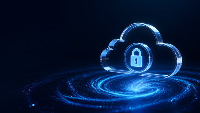 Glowing cloud icon with padlock security symbol floating above spiral swirl pattern dark blue backdrop