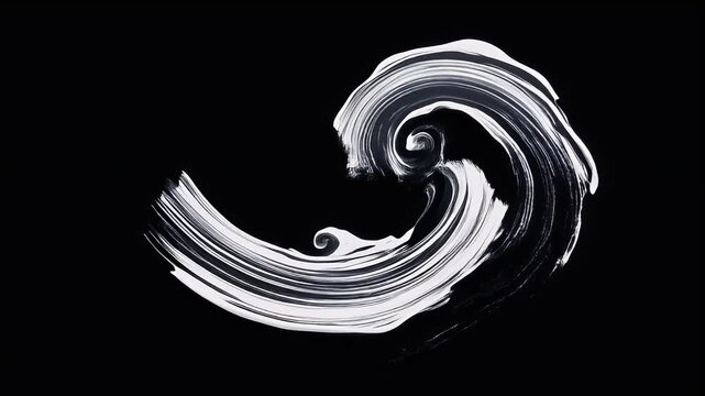 Abstract black and white swirls of paint on a black background.