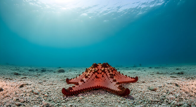 Orange starfish on sandy ocean floor underwater