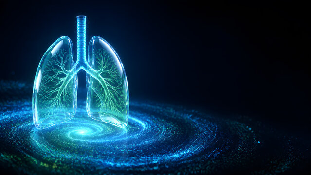 Glowing human lungs anatomy model floating above spiral swirl pattern on dark green backdrop design