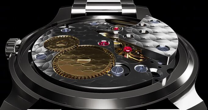 High end horology macro shot of mechanical watch movement with polished gears.