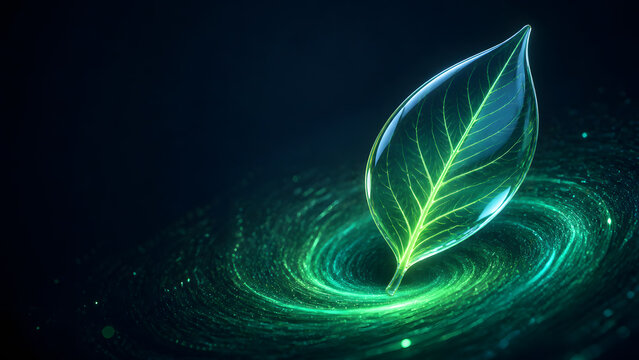 Glowing green leaf with vein pattern floating above spiral swirl pattern on dark backdrop design