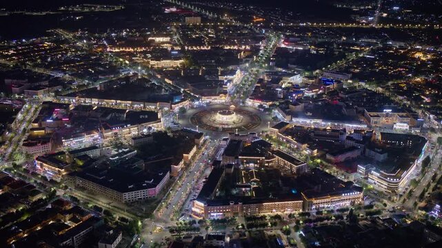 High-Angle Aerial Panoramic View of Tekes Bagua City Nightscape, Ili Unique Bagua I-Ching Geometric Structure, City Lights, Radial Street Network and Concentric Ring Roads in Xinjiang