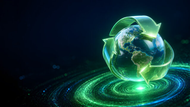 Glowing earth globe with recycle arrows symbol floating above spiral swirl pattern on dark backdrop