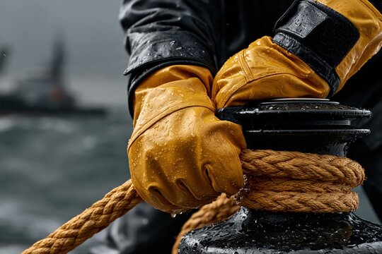 Sailor hands securing heavy mooring rope to bollard on ship deck