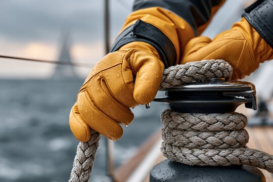 Sailor hands in yellow gloves pulling rope on yacht winch in ocean