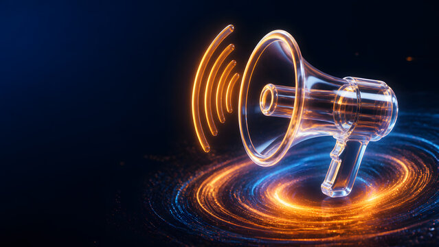 Glowing megaphone with sound wave symbol floating above spiral swirl pattern on dark blue backdrop