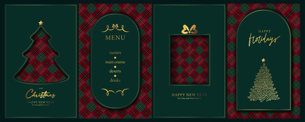 Naklejka premium Merry Christmas, New Year greeting card template in retro vintage, cottage core style. Paper cut tree, gift. Golden lettering. Plaid pattern.