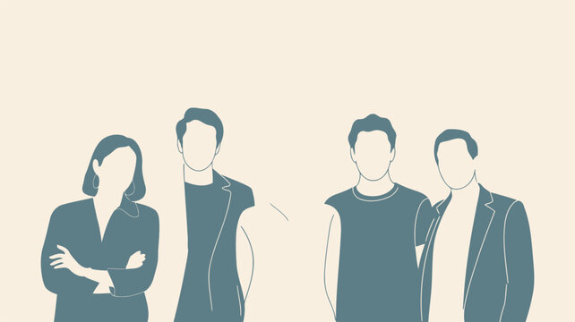 Minimalist line of four people standing together on a light beige background.