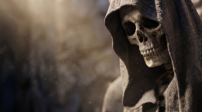 Close up of a spooky grim reaper wearing a rustic burlap hood in sunlight