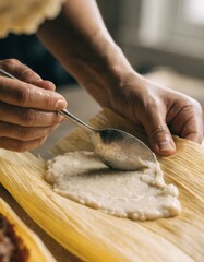 Fototapeta premium Hands applying masa onto corn husk for authentic tamale making honoring latin american culinary heritage and rich cultural traditions