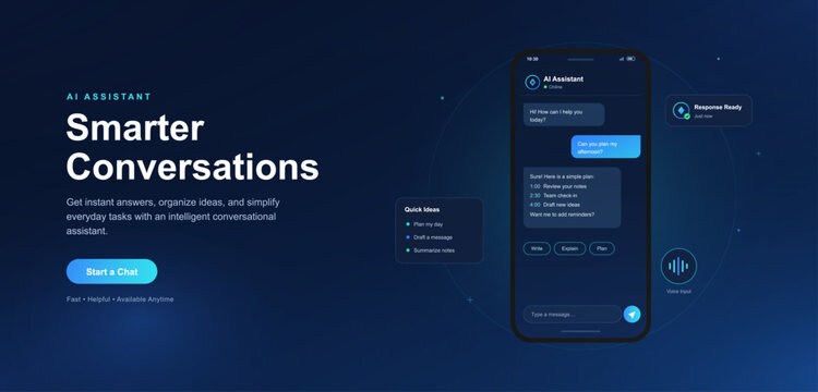 AI assistant mobile application promo landing page. Intelligent chatbot interface on smartphone screen with conversational UI layout and text blocks. Vector dashboard with UI, UX.