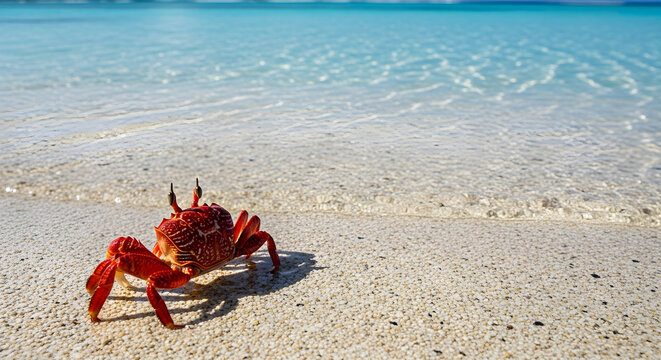 Small red ghost crab walking on a sandy tropical beach