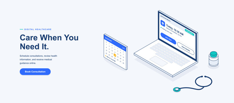 Digital healthcare and online medical consultation landing page template. Isometric laptop showing appointment screen, calendar widget, stethoscope and pill bottle. Vector graphic box.