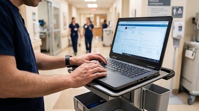 Medical professional typing on a laptop computer mounted on a mobile cart in a hospital hallway
