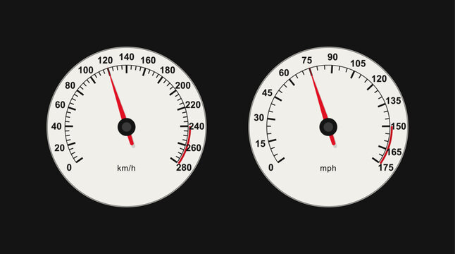 Car speedometer gauges measuring km/h and mph scale. Realistic dashboard panel interface indicator icons with red needle arrows, numeric measurement and danger zone markings. Vector pack.