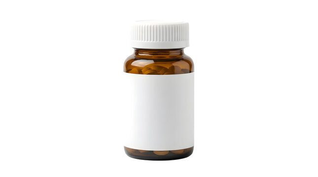 Amber glass pill bottle with white cap and blank label isolated on transparent background