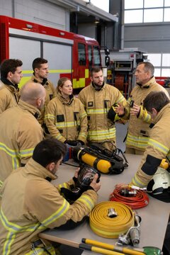 Firefighters in Protective Gear Briefing Around Rescue Equipment in Fire Station