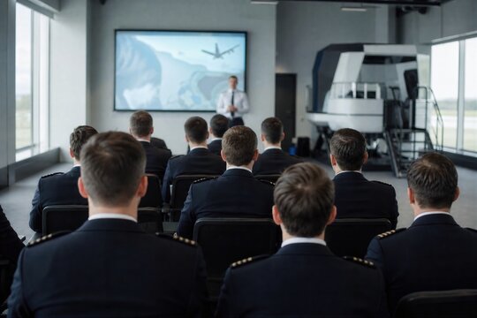 Airline crew training session with pilot instructor and seated cadets in classroom
