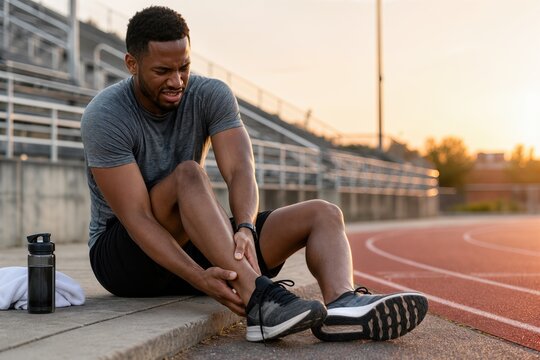 Athlete holding his ankle in pain after sports injury on the running track