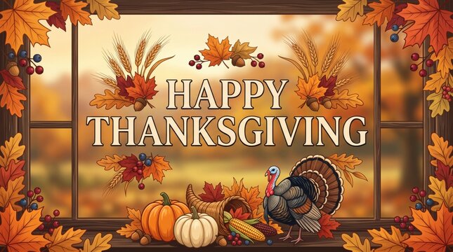 A beautiful thanksgiving scene with autumn leaves pumpkins and a turkey wishing everyone a joyful and thankful holiday season