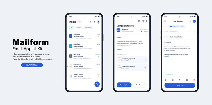Mailform email application mobile UI kit layout template. Smartphone screens displaying mailbox inbox message list, letter view with file attachments and new message draft editor. Vector set.