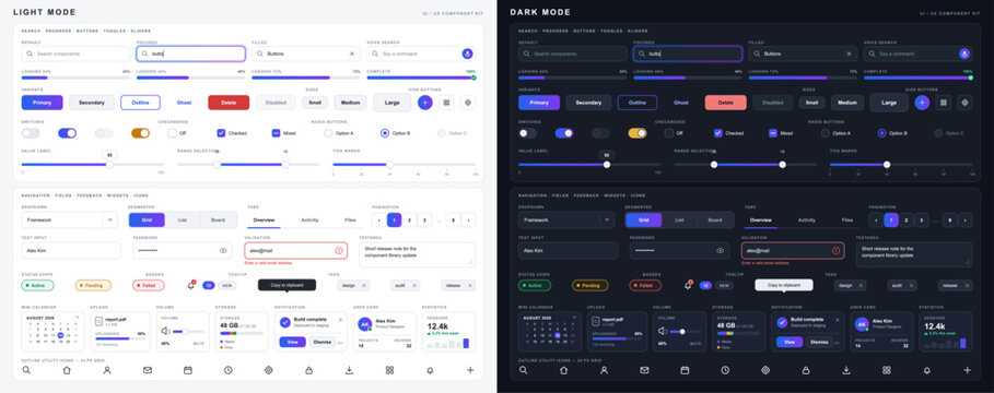 UI UX component kit template in light and dark mode. Comprehensive web dashboard interface layout elements set with buttons, fields, search bar, dropdowns and statistics widgets. Vector set.