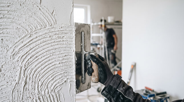 Gloved worker using a notched trowel to spread mortar adhesive on wall surface