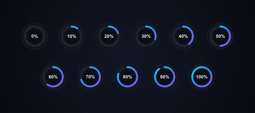 Circular percentage progress loading indicator icons set from zero to hundred. UI dashboard round tracker elements with blue neon gradient scale for application preloader. Vector graphic set.