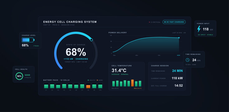 Energy cell charging system interface template. Dark dashboard displaying battery charge level percentage, power delivery chart, temperature analytics and power input status. Vector dashboard with UI