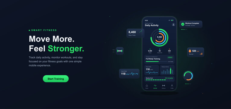 Smart fitness and workout tracker mobile application landing page website template. Smartphone screen displaying daily activity progress, calorie burn charts and heart rate metrics. Vector graphic.