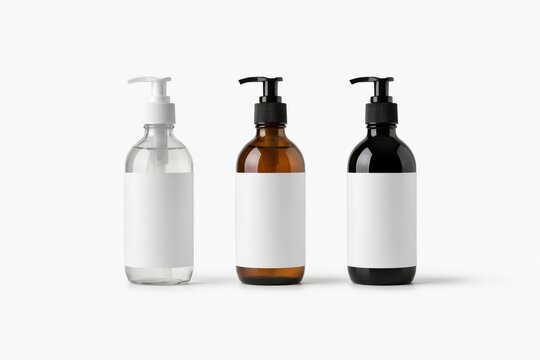 Three cosmetic pump bottles with blank labels isolated on white background