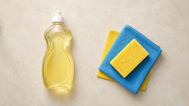 Cleaning supplies including liquid dish soap, a sponge, and microfiber cloths are arranged on a light stone countertop for household chores.