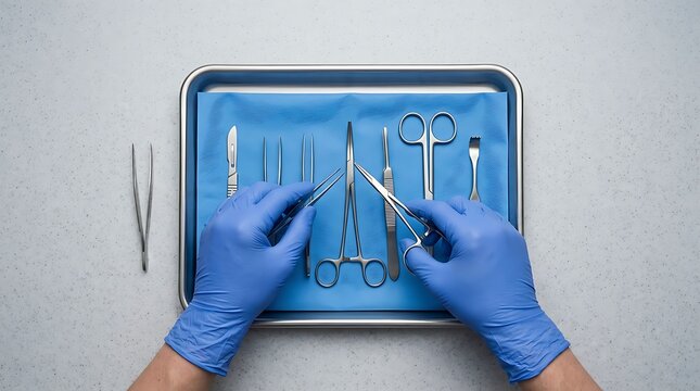 Medical professional wearing blue gloves holding surgical instruments on a metal tray