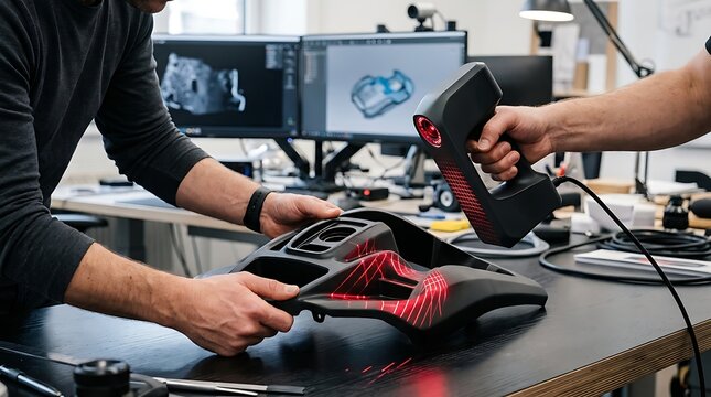 Technicians using a handheld 3d laser scanner on a plastic component in a design office