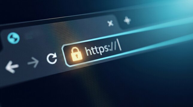 Digital representation of a secure website connection featuring the https protocol and a golden padlock symbol in a browser window.