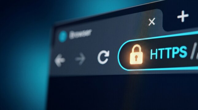 Close up of a web browser address bar showing the HTTPS protocol and a glowing padlock icon to represent secure internet connection and cybersecurity.