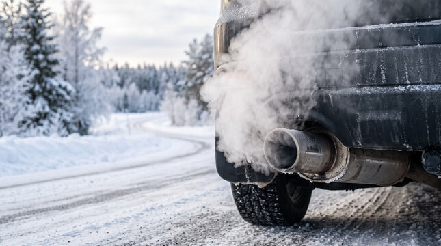 Dense white exhaust fumes blowing out of car tailpipe on snowy winter road
