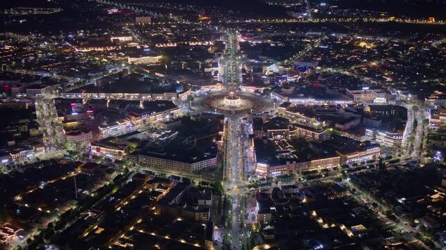 High-Angle Aerial Panoramic View of Tekes Bagua City Nightscape, Ili Unique Bagua I-Ching Geometric Structure, City Lights, Radial Street Network and Concentric Ring Roads in Xinjiang