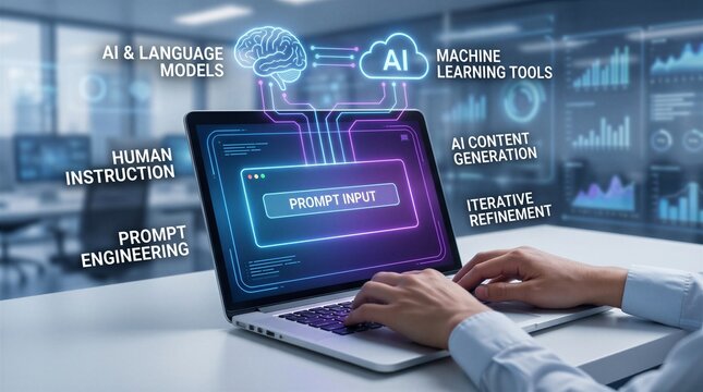 Person uses a laptop to perform prompt engineering for generative artificial intelligence and machine learning models in a modern office setting.