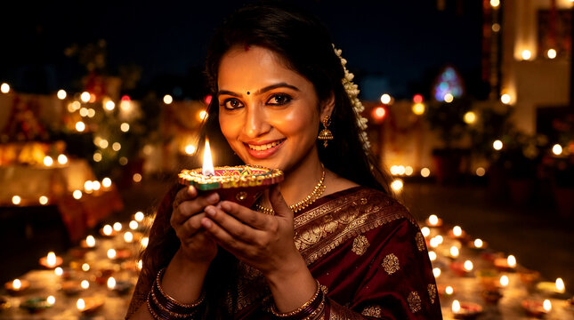 Beautiful Indian woman with saree and golden jewelry holding a Diya lamp, Diwali Festival celebration, colorful Diwali Greeting card, Hindu god puja ritual or welcome for respect to  honorable people