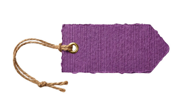 Purple textured paper gift tag with twine string isolated on transparent background