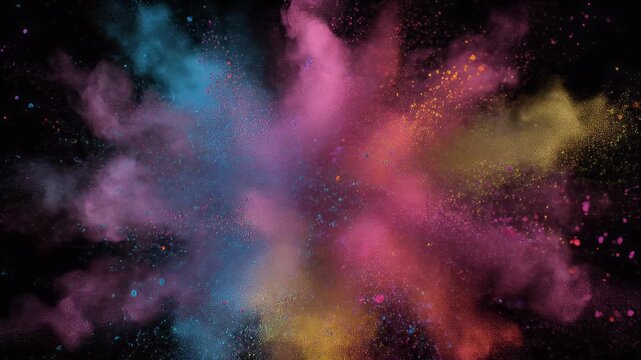 A vibrant explosion of colorful powder erupts against a dark background.